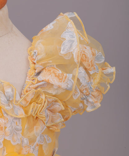 Enfance Puff Sleeves Fit and Flare Party Frock with Floral Corsage & Sequins - Lemon