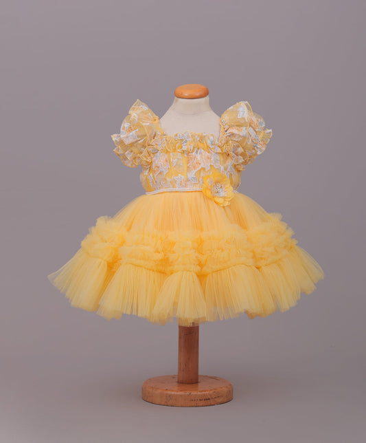 Enfance Puff Sleeves Fit and Flare Party Frock with Floral Corsage & Sequins - Lemon