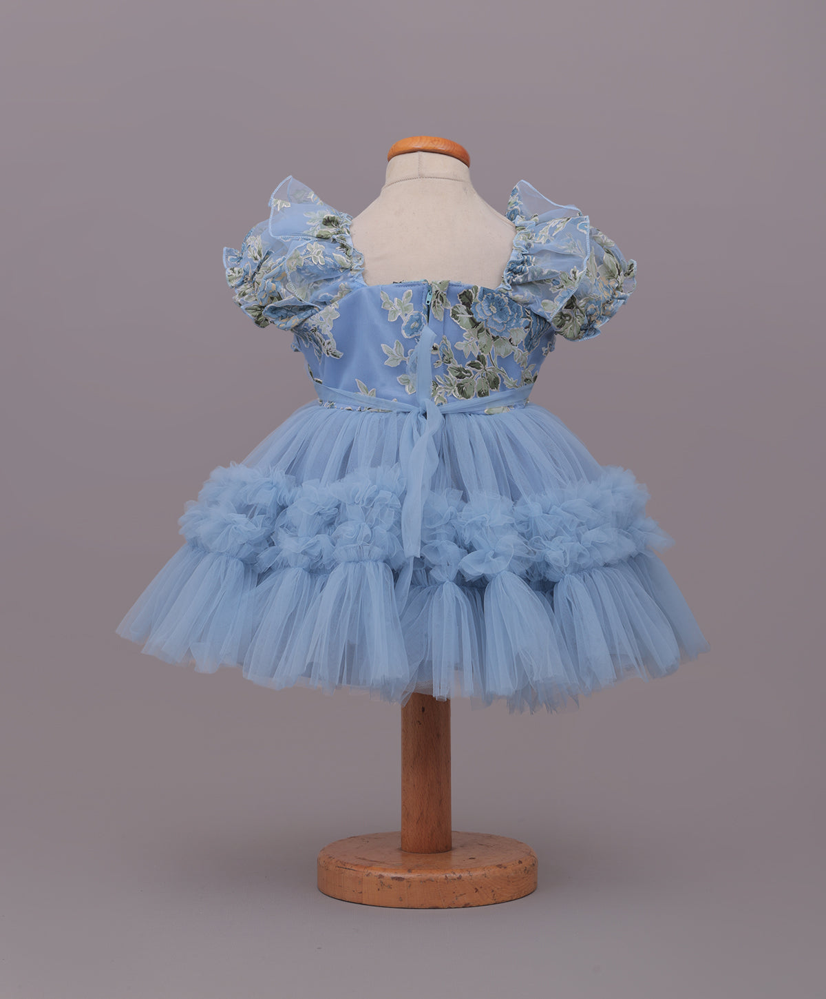 Enfance Puff Sleeves Fit and Flare Party Frock with Floral Corsage & Sequins - Grey