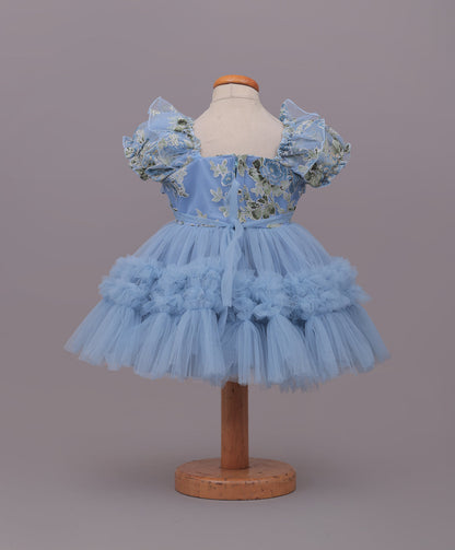 Enfance Puff Sleeves Fit and Flare Party Frock with Floral Corsage & Sequins - Grey