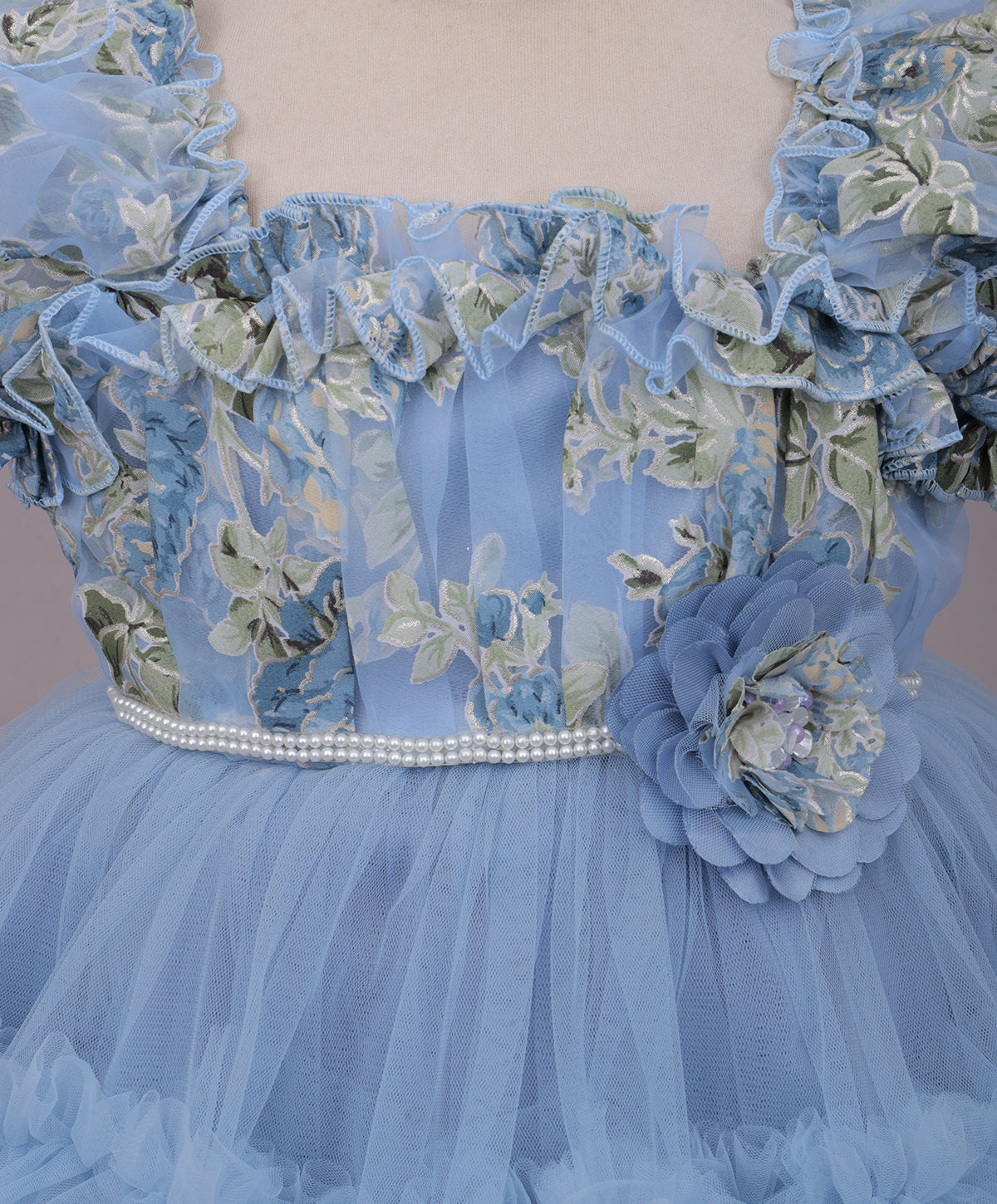 Enfance Puff Sleeves Fit and Flare Party Frock with Floral Corsage & Sequins - Grey