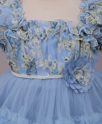 Enfance Puff Sleeves Fit and Flare Party Frock with Floral Corsage & Sequins - Grey