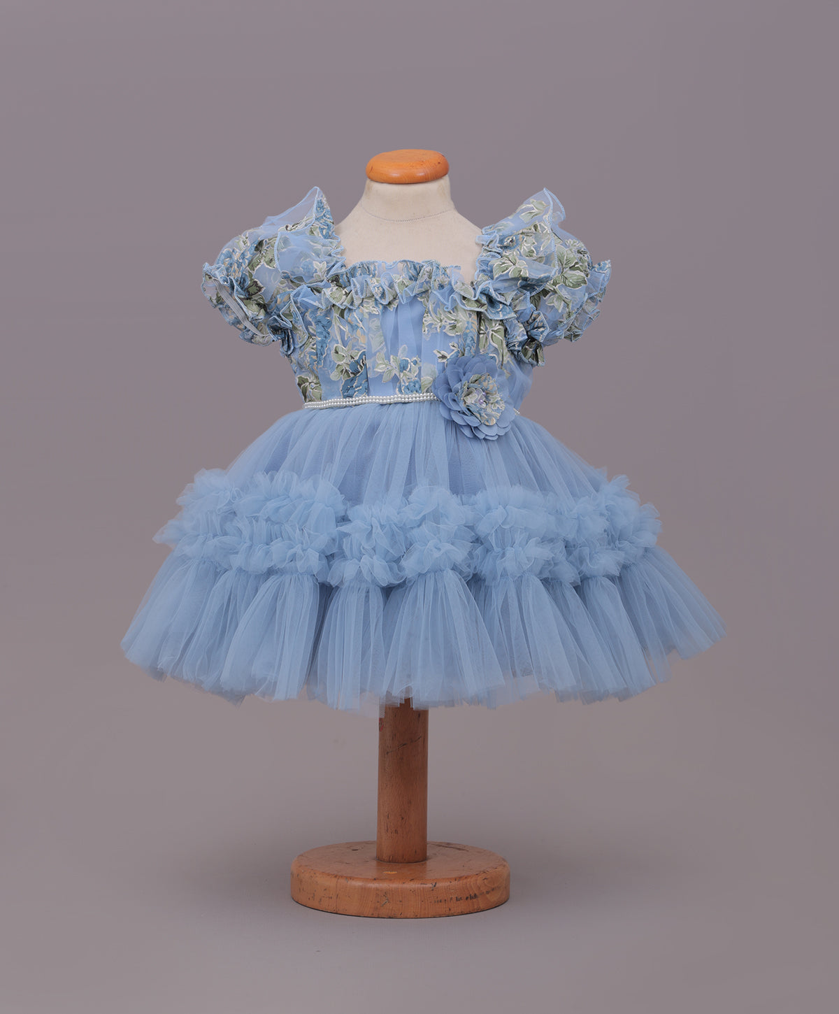 Enfance Puff Sleeves Fit and Flare Party Frock with Floral Corsage & Sequins - Grey