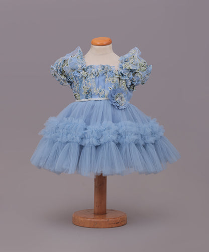 Enfance Puff Sleeves Fit and Flare Party Frock with Floral Corsage & Sequins - Grey