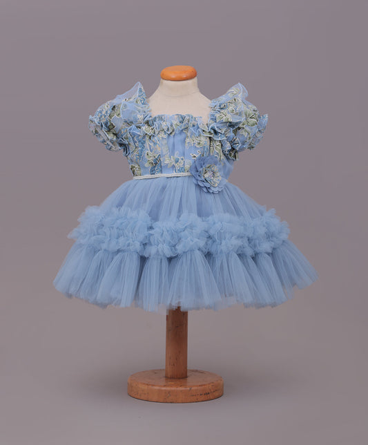Enfance Puff Sleeves Fit and Flare Party Frock with Floral Corsage & Sequins - Grey