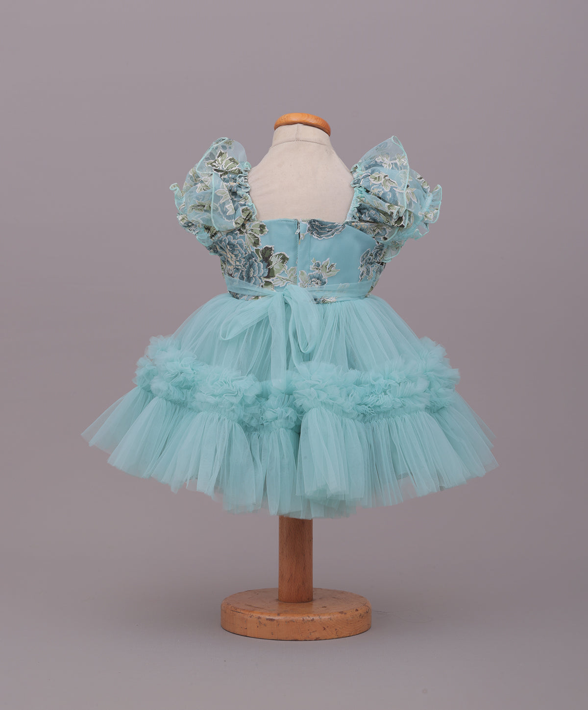 Enfance Puff Sleeves Fit and Flare Party Frock with Floral Corsage & Sequins - C.Green