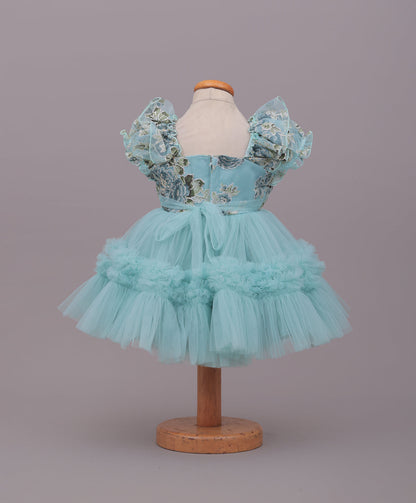 Enfance Puff Sleeves Fit and Flare Party Frock with Floral Corsage & Sequins - C.Green