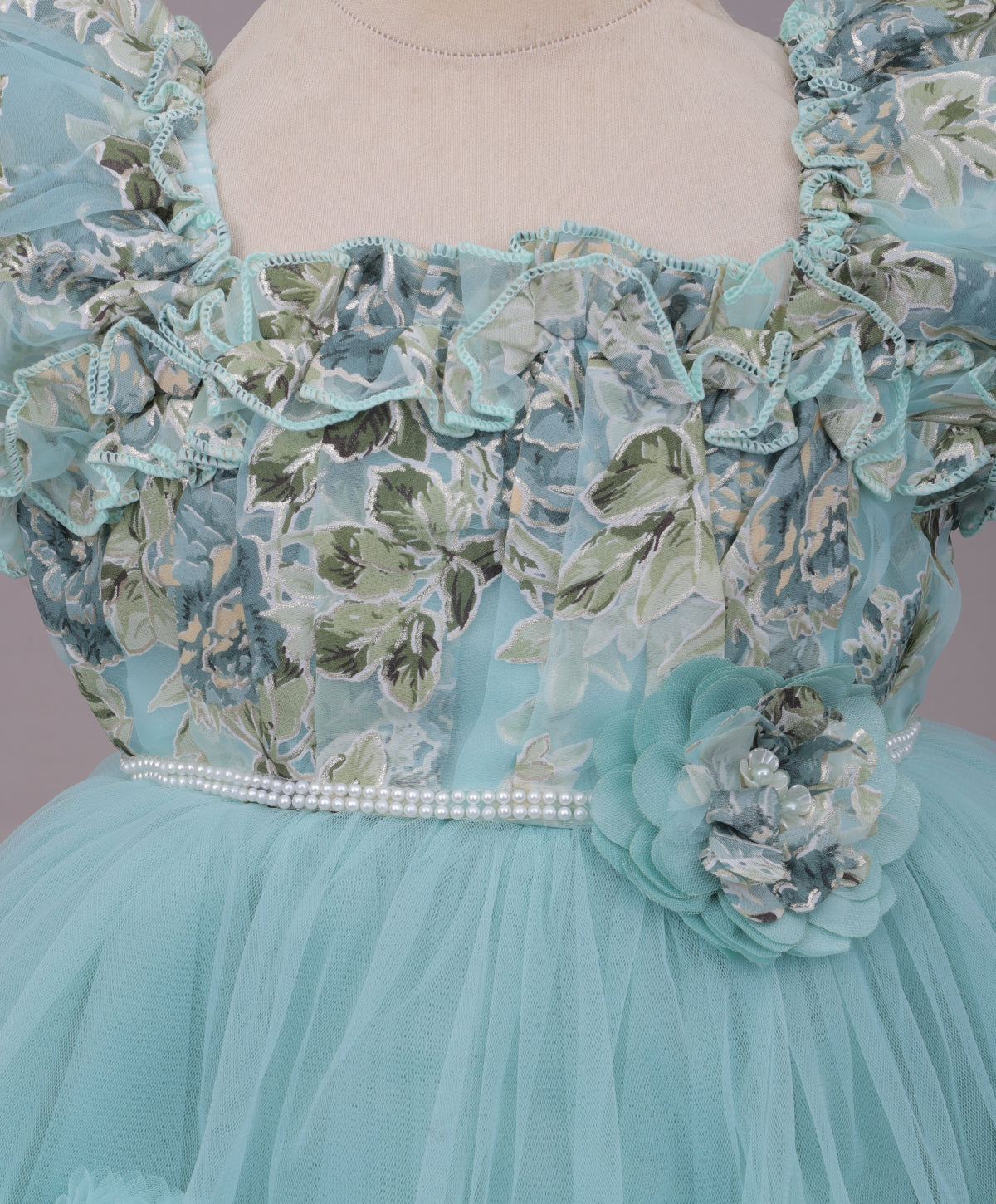 Enfance Puff Sleeves Fit and Flare Party Frock with Floral Corsage & Sequins - C.Green