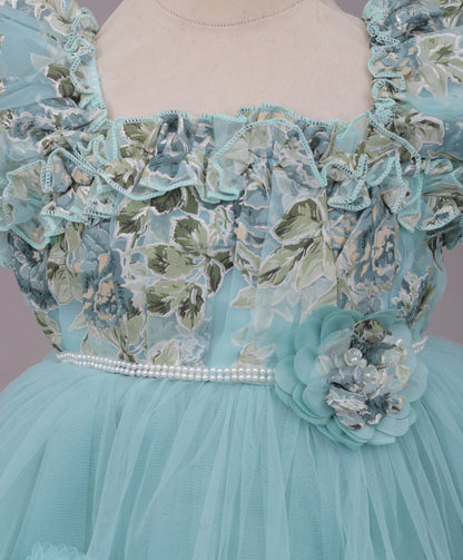 Enfance Puff Sleeves Fit and Flare Party Frock with Floral Corsage & Sequins - C.Green