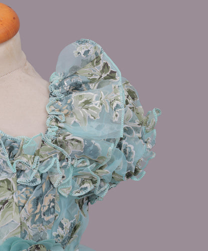 Enfance Puff Sleeves Fit and Flare Party Frock with Floral Corsage & Sequins - C.Green