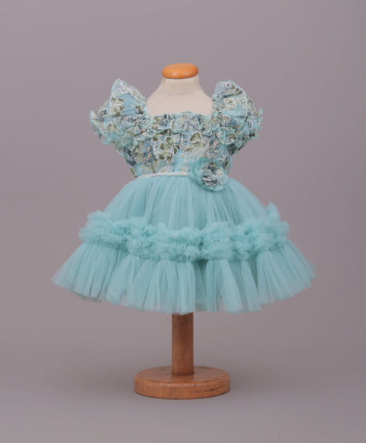 Enfance Puff Sleeves Fit and Flare Party Frock with Floral Corsage & Sequins - C.Green