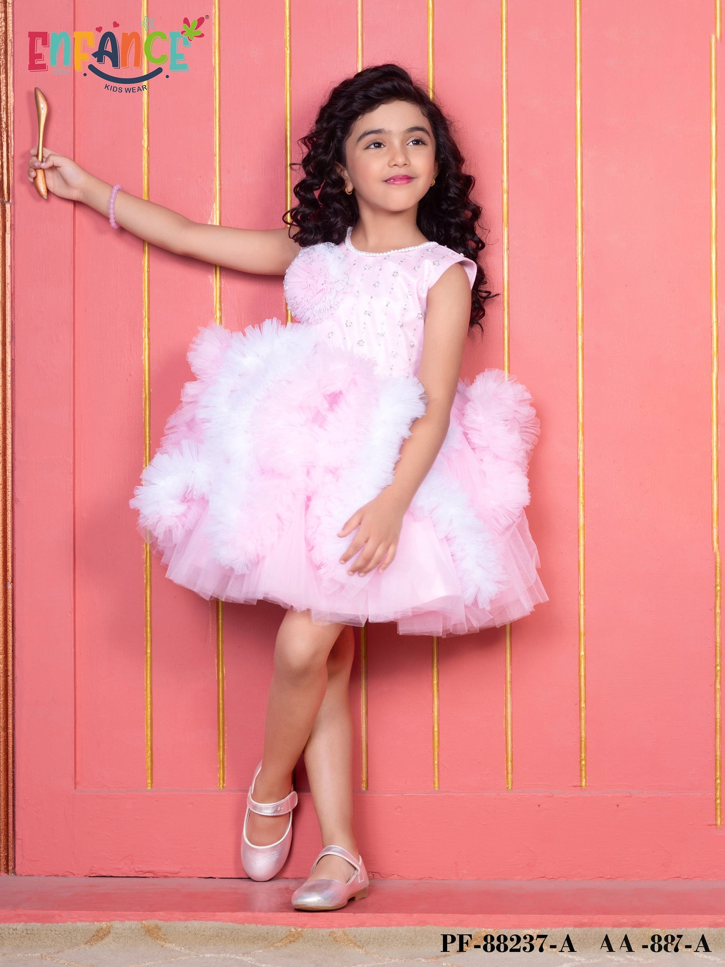 Enfance Sleeveless Embellished Tutu Dress with Ruffles - Pink