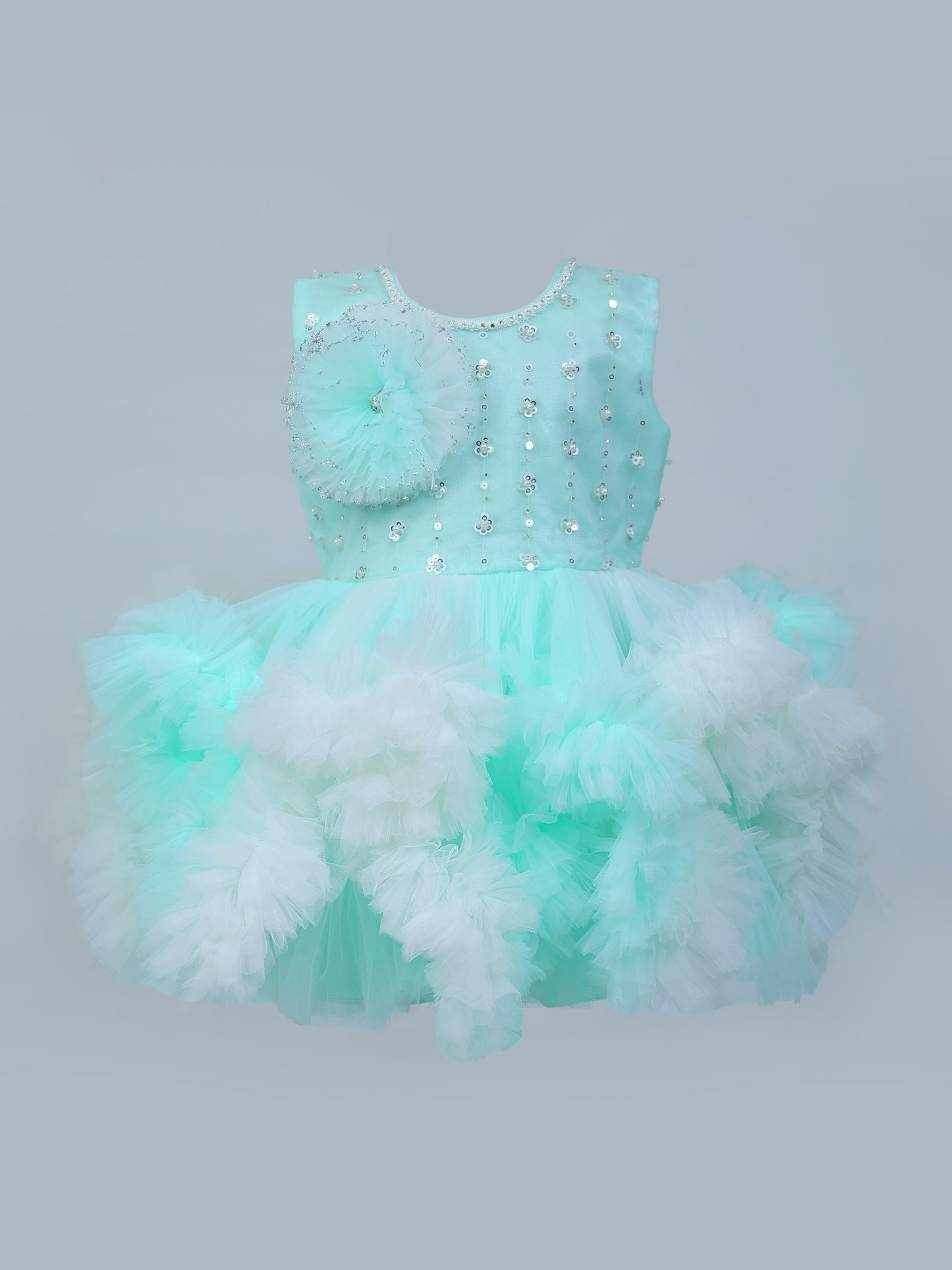 Enfance Sleeveless Embellished Tutu Dress with Ruffles - C.Green