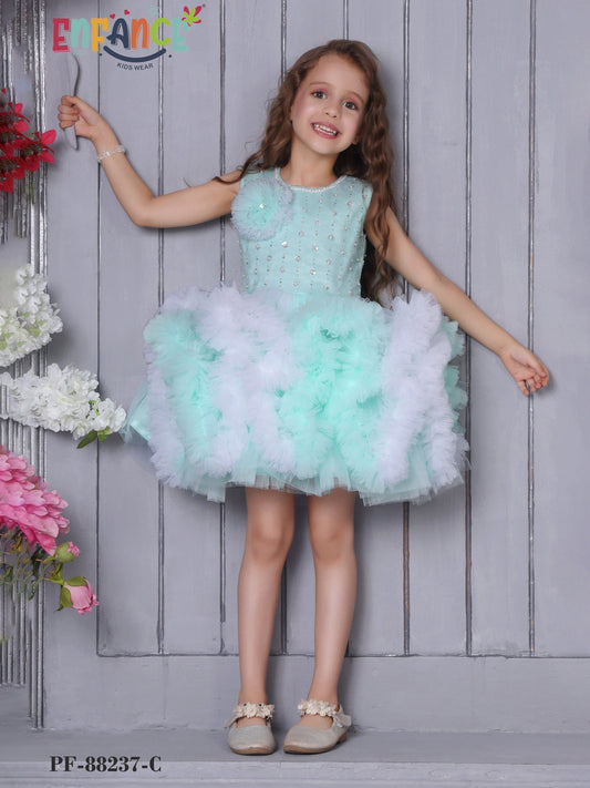 Enfance Sleeveless Embellished Tutu Dress with Ruffles - C.Green