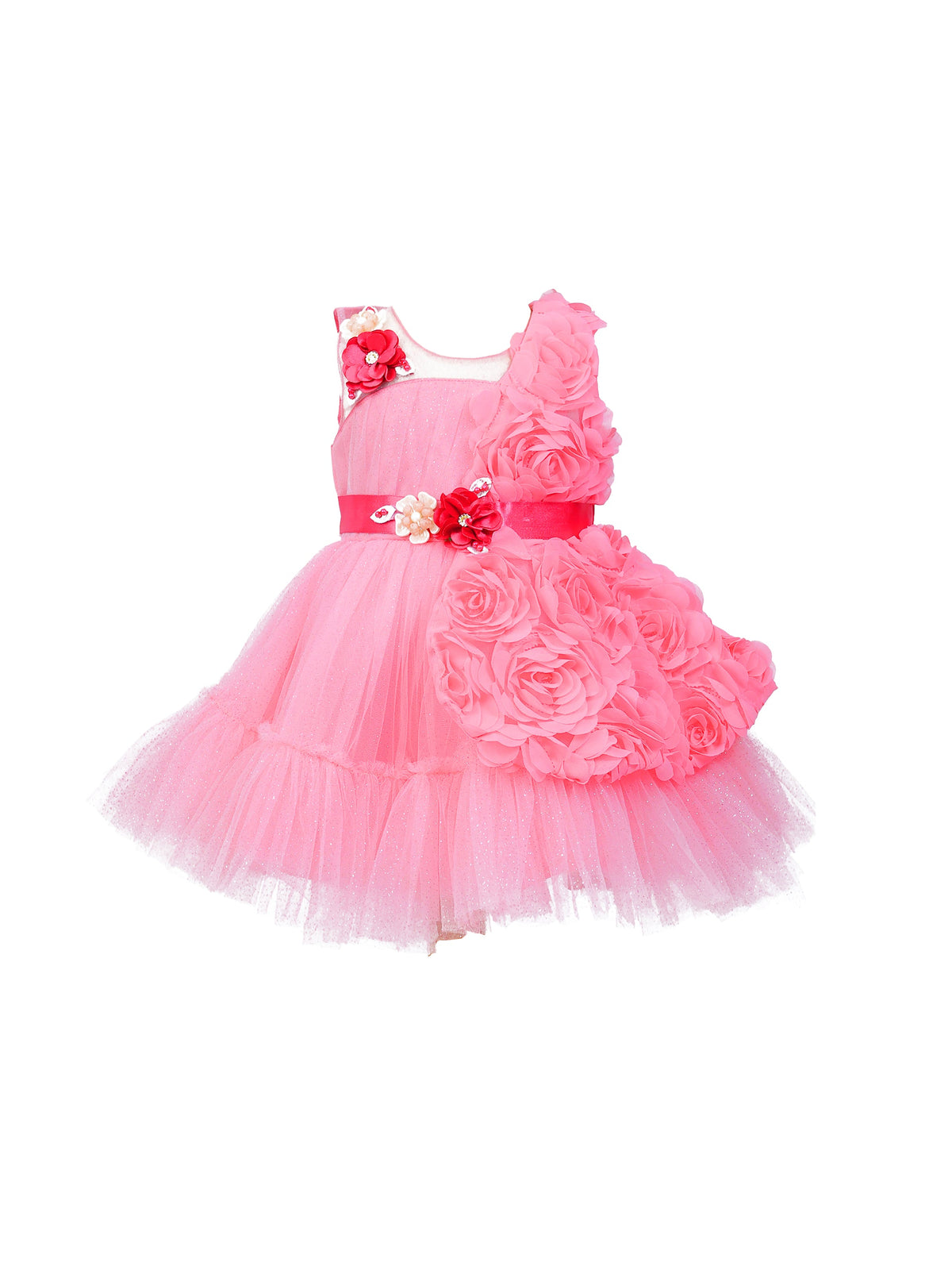 Enfance Sleeveless Party Frock With Floral Embellishments & Frill Detailing - Peach