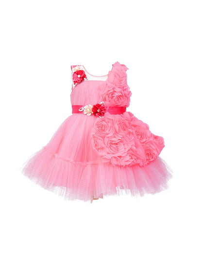 Enfance Sleeveless Party Frock With Floral Embellishments & Frill Detailing - Peach