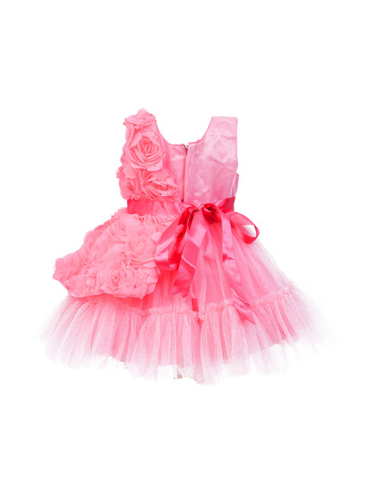 Enfance Sleeveless Party Frock With Floral Embellishments & Frill Detailing - Peach