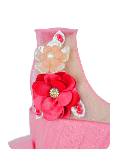 Enfance Sleeveless Party Frock With Floral Embellishments & Frill Detailing - Peach