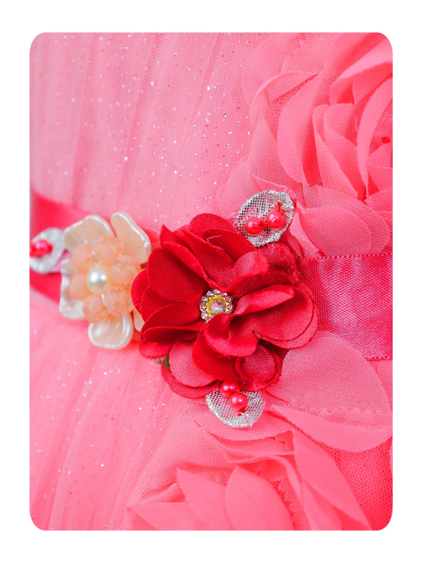 Enfance Sleeveless Party Frock With Floral Embellishments & Frill Detailing - Peach