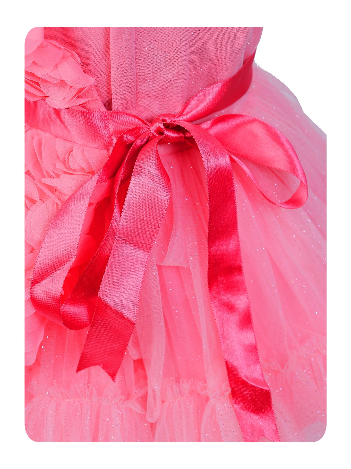 Enfance Sleeveless Party Frock With Floral Embellishments & Frill Detailing - Peach