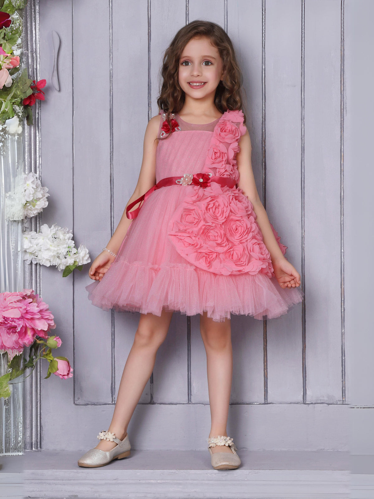 Enfance Sleeveless Party Frock With Floral Embellishments & Frill Detailing - Peach