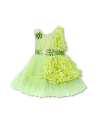 Enfance Sleeveless Party Frock With Floral Embellishments & Frill Detailing - P.Green