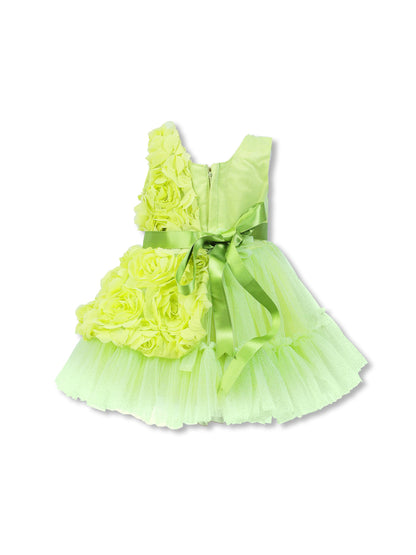 Enfance Sleeveless Party Frock With Floral Embellishments & Frill Detailing - P.Green
