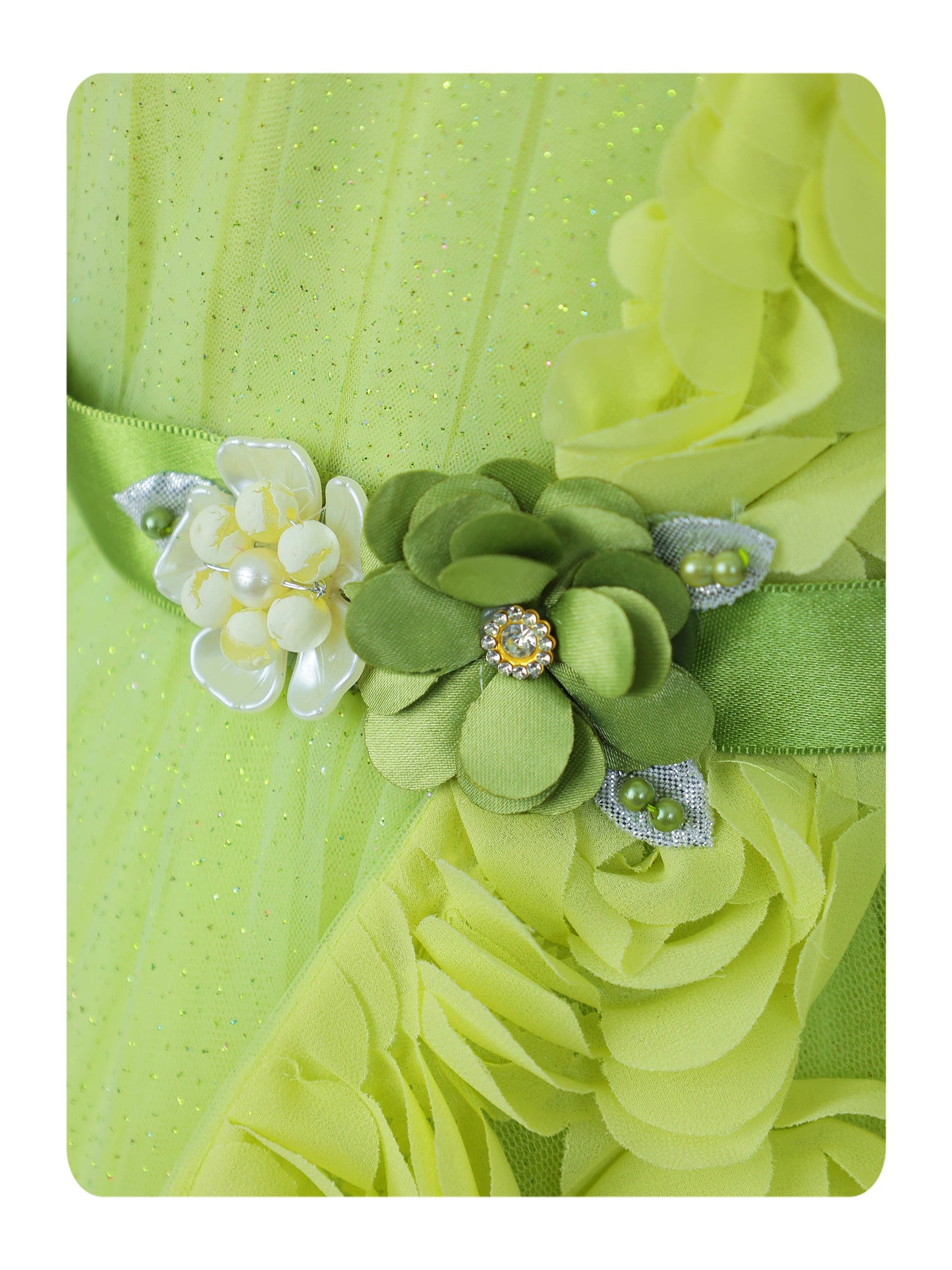 Enfance Sleeveless Party Frock With Floral Embellishments & Frill Detailing - P.Green