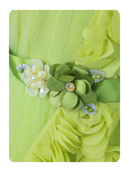 Enfance Sleeveless Party Frock With Floral Embellishments & Frill Detailing - P.Green