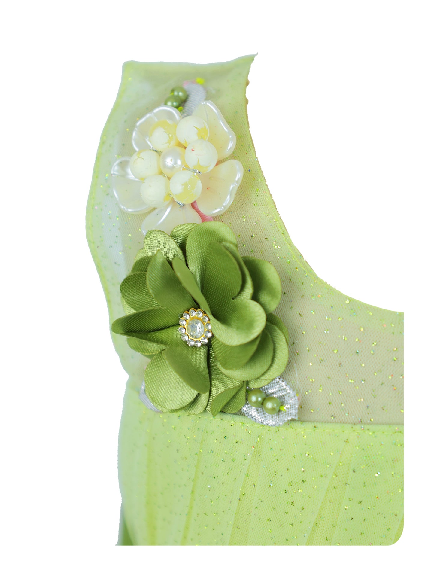 Enfance Sleeveless Party Frock With Floral Embellishments & Frill Detailing - P.Green