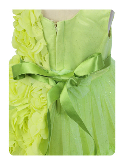 Enfance Sleeveless Party Frock With Floral Embellishments & Frill Detailing - P.Green