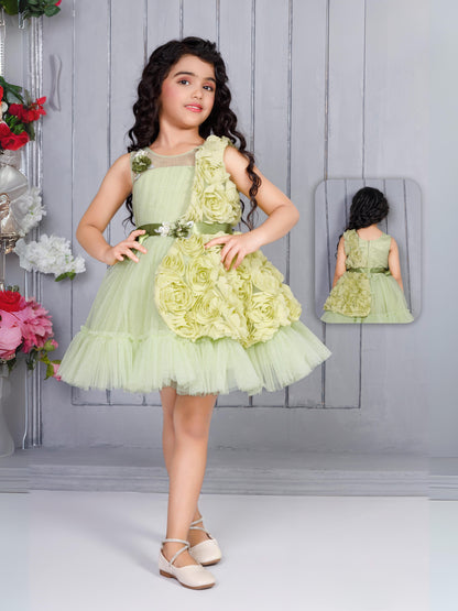 Enfance Sleeveless Party Frock With Floral Embellishments & Frill Detailing - P.Green