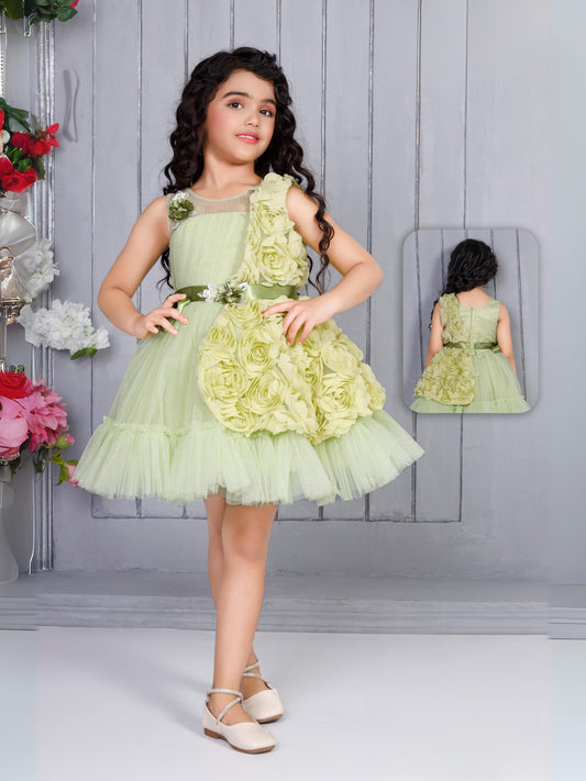 Enfance Sleeveless Party Frock With Floral Embellishments & Frill Detailing - P.Green