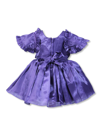 Enfance Short Sleeve Floral Detailed Flare Net Party Dress - Purple