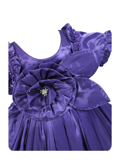 Enfance Short Sleeve Floral Detailed Flare Net Party Dress - Purple