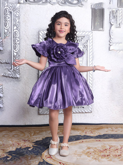 Enfance Short Sleeve Floral Detailed Flare Net Party Dress - Purple