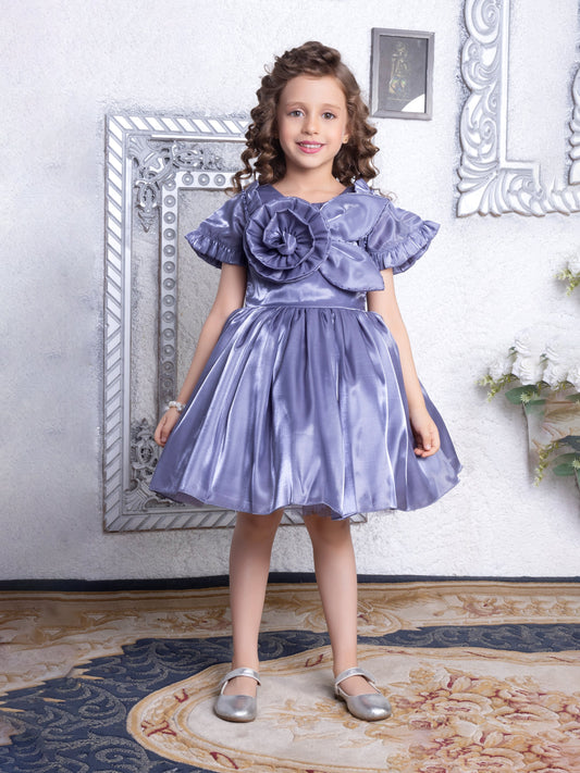 Enfance Short Sleeve Floral Detailed Flare Net Party Dress - Grey