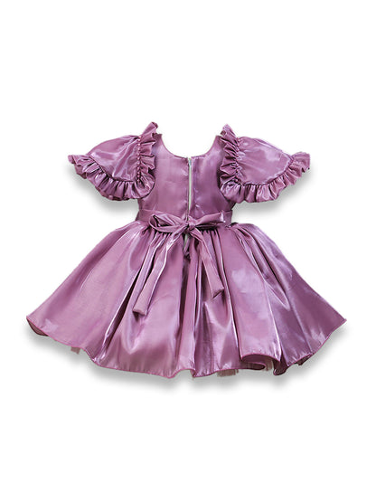 Enfance Short Sleeve Floral Detailed Flare Net Party Dress - Lilac
