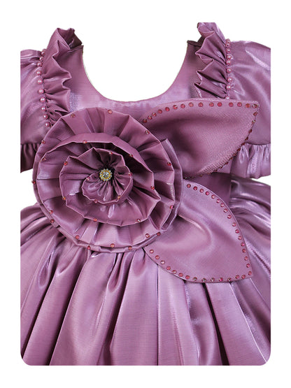 Enfance Short Sleeve Floral Detailed Flare Net Party Dress - Lilac