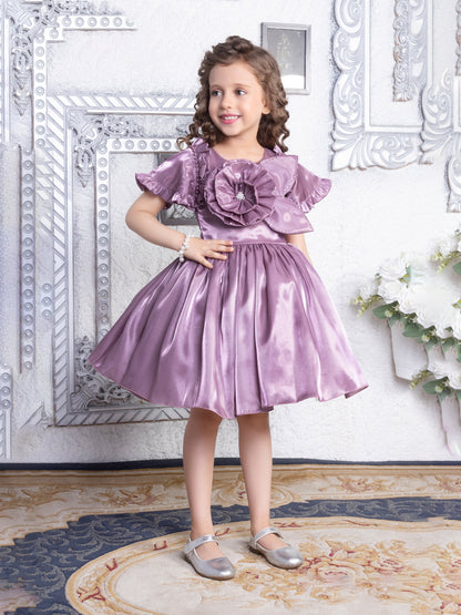 Enfance Short Sleeve Floral Detailed Flare Net Party Dress - Lilac