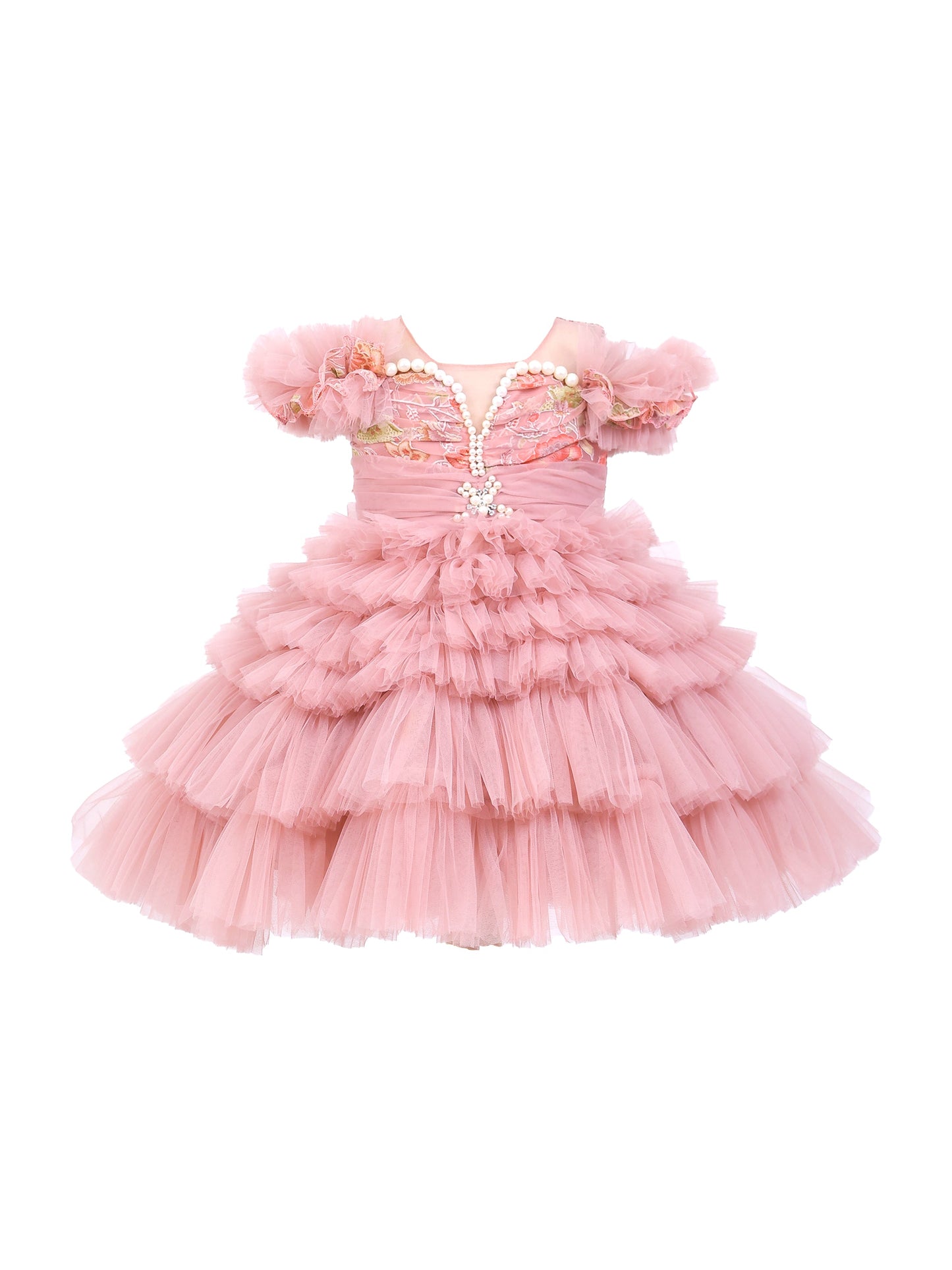 Enfance Short Sleeve Sequins Embellished Layered Party Net Dress - Onion Pink