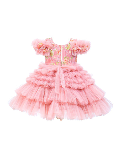 Enfance Short Sleeve Sequins Embellished Layered Party Net Dress - Onion Pink
