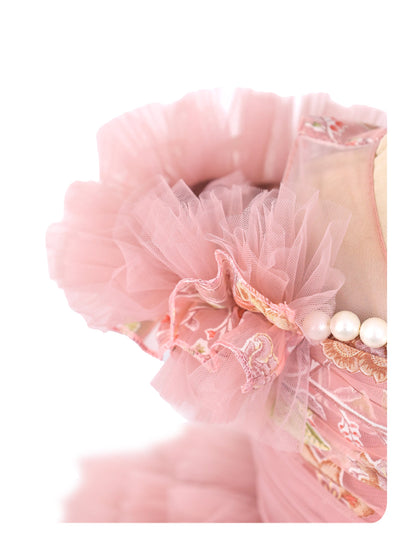 Enfance Short Sleeve Sequins Embellished Layered Party Net Dress - Onion Pink