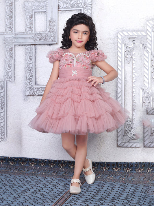 Enfance Short Sleeve Sequins Embellished Layered Party Net Dress - Onion Pink