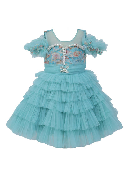 Enfance Short Sleeve Sequins Embellished Layered Party Net Dress - S.Green