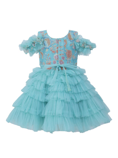 Enfance Short Sleeve Sequins Embellished Layered Party Net Dress - S.Green