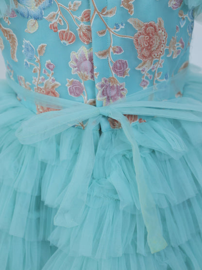 Enfance Short Sleeve Sequins Embellished Layered Party Net Dress - S.Green