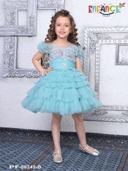 Enfance Short Sleeve Sequins Embellished Layered Party Net Dress - S.Green