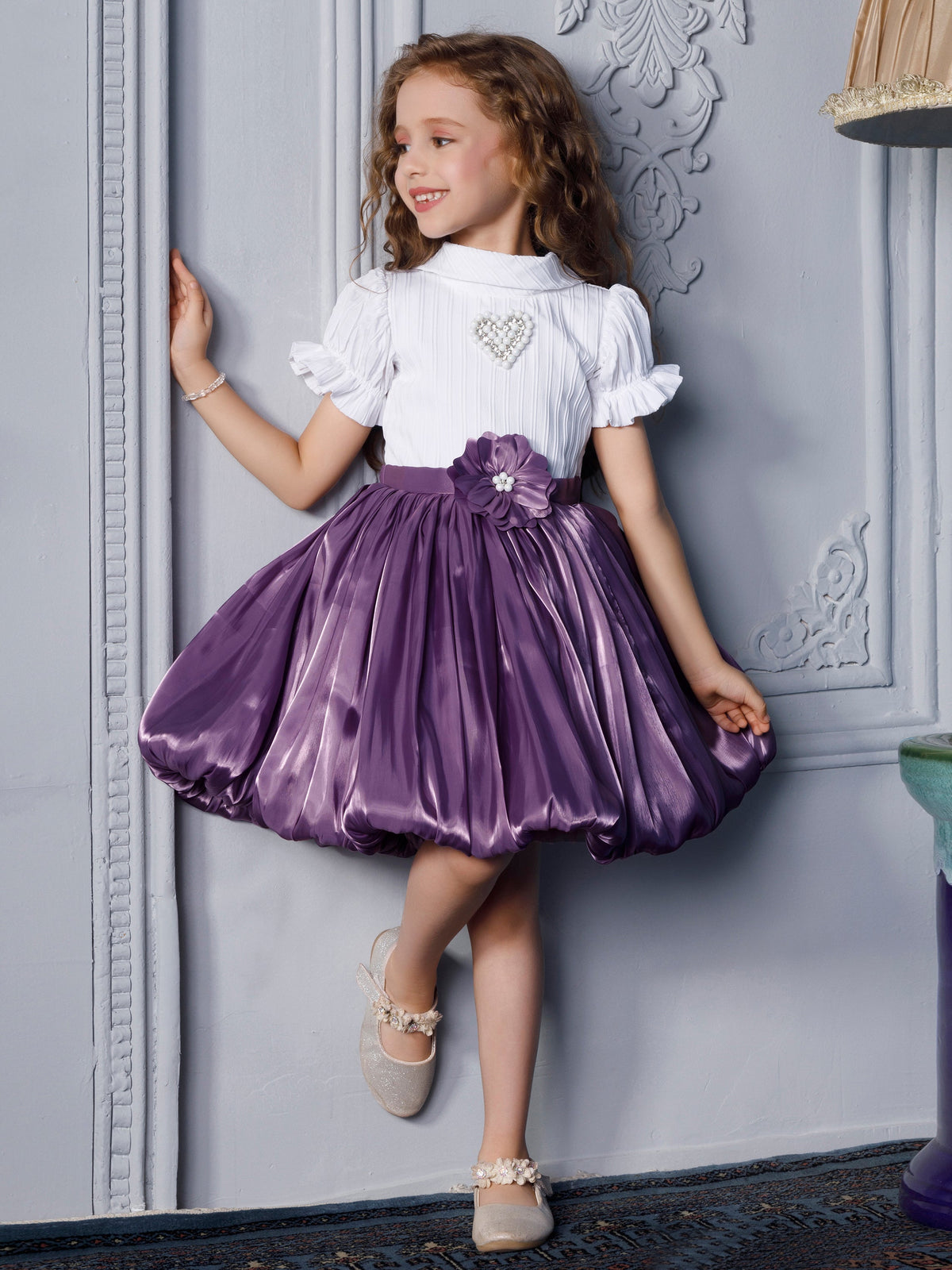 Enfance Half Sleeves Floral Applique & Pearl Embellished Pleated Dress - Purple
