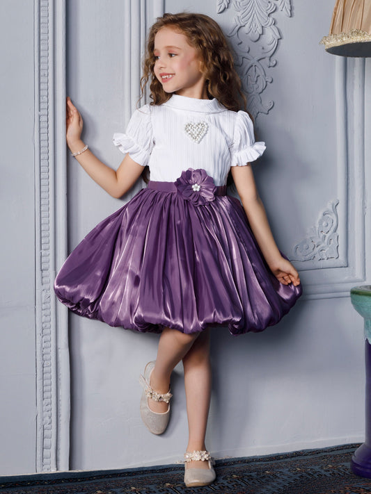 Enfance Half Sleeves Floral Applique & Pearl Embellished Pleated Dress - Purple